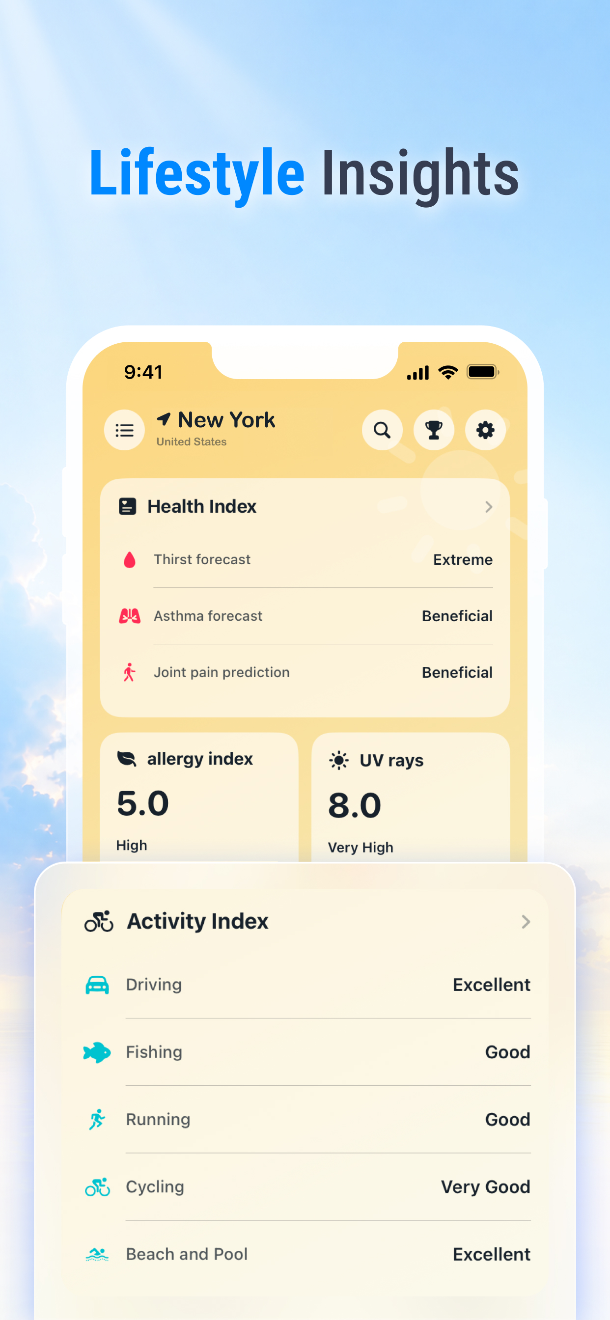 Health, allergy, UV and activity indexes